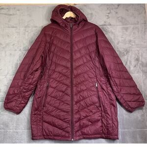 London Fog Coat Womens 2XL Red Down Nylon Zip Puffer Hood Lightweight Packable